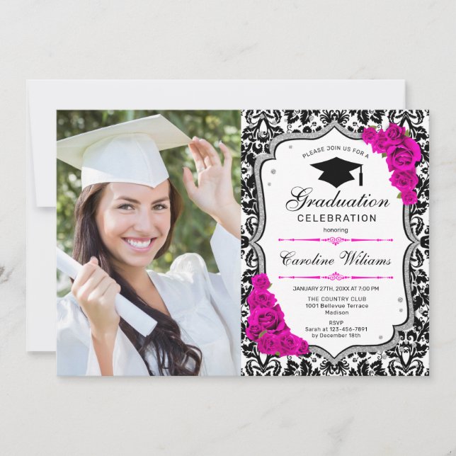 Invitation Graduation Party avec photo - Argent rose blanc (Devant)