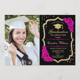Invitation Graduation Party avec photo - Black Gold Hot Rose