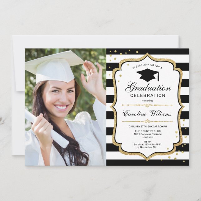 Invitation Graduation Party avec photo - Black White Gold (Devant)