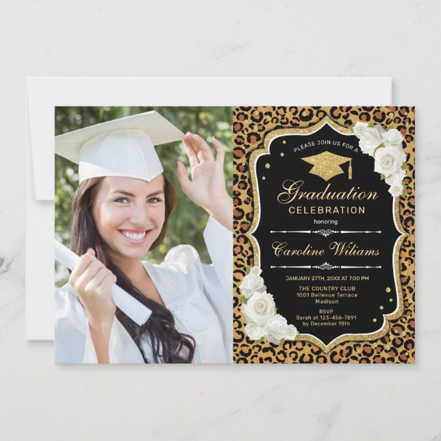 Invitation Graduation Party avec photo - Empreinte de léopard (Devant)