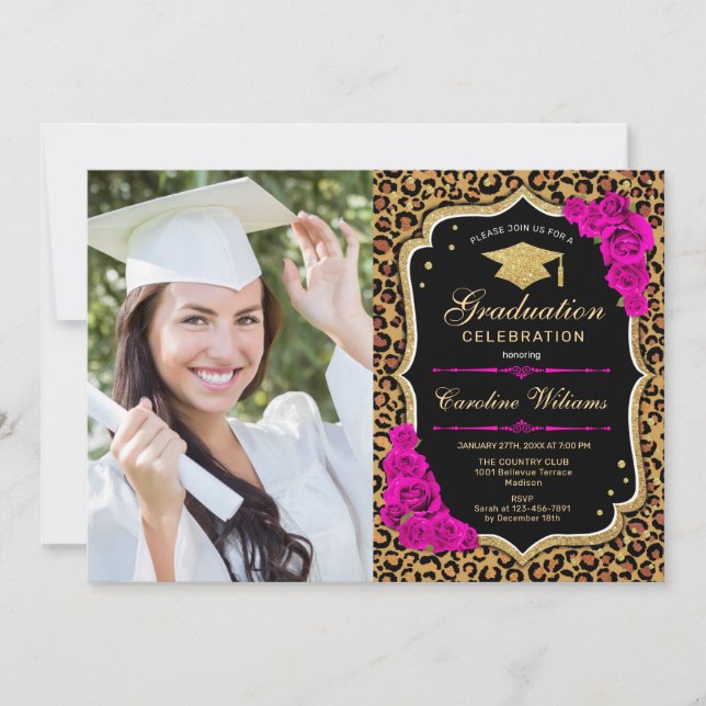Invitation Graduation Party avec photo - Empreinte de léopard (Devant)