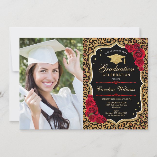 Invitation Graduation Party avec photo - Empreinte de léopard (Devant)