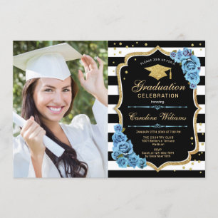 Invitation Graduation Party avec photo - Gold Blue Flowers