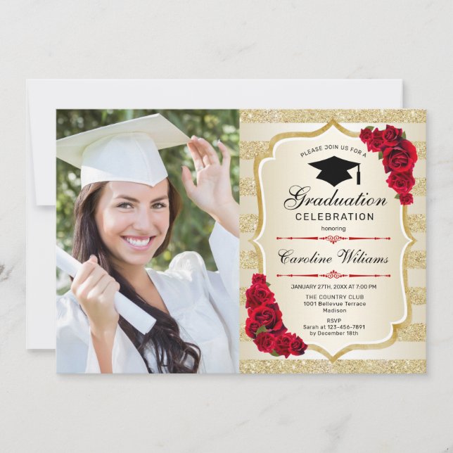 Invitation Graduation Party avec photo - Gold Red (Devant)