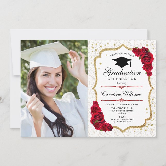 Invitation Graduation Party avec photo - Gold Red White (Devant)