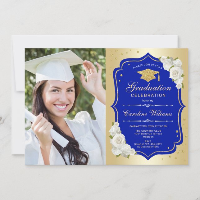 Invitation Graduation Party avec photo - Gold Royal Blue (Devant)