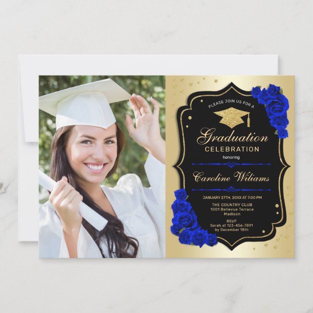 Invitation Graduation Party avec photo - Gold Royal Blue (Devant)