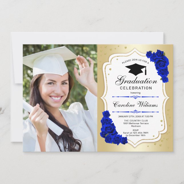 Invitation Graduation Party avec photo - Gold Royal Blue (Devant)