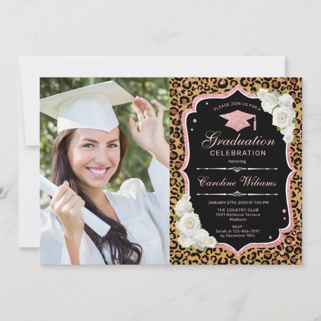 Invitation Graduation Party avec photo - Leopard Rose Gold (Devant)