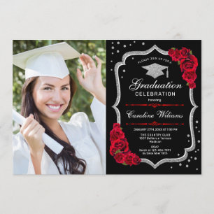 Invitation Graduation Party avec photo - Noir Argent Rouge