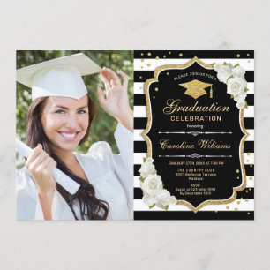 Invitation Graduation Party avec photo - Noir Or Blanc