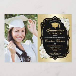 Invitation Graduation Party avec photo - Noir Or Blanc