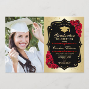 Invitation Graduation Party avec photo - Noir Or Rouge