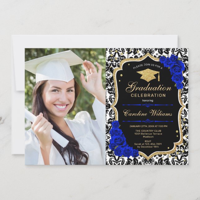 Invitation Graduation Party avec photo - Royal Blue Gold (Devant)