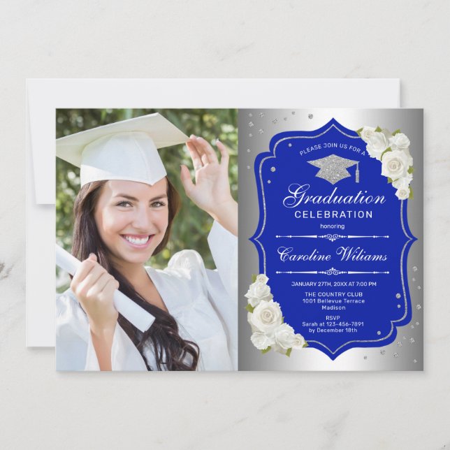 Invitation Graduation Party avec photo - Silver Royal Blue (Devant)