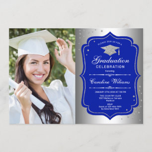 Invitation Graduation Party avec photo - Silver Royal Blue