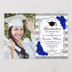 Invitation Graduation Party avec photo - Silver Royal Blue