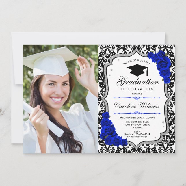 Invitation Graduation Party avec photo - Silver Royal Blue (Devant)