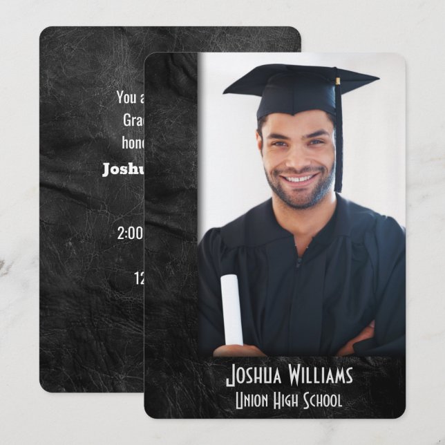 Invitation Graduation Party Black Leather Photo Frame (Devant / Derrière)