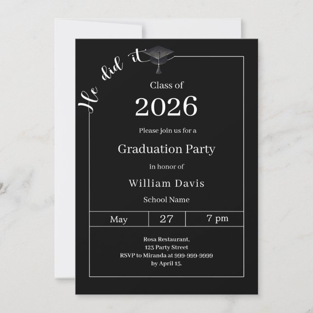 Invitation Graduation party black white He did it (Devant)