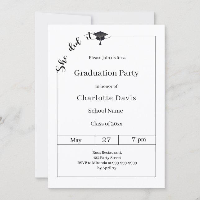 Invitation Graduation party black white She did it (Devant)