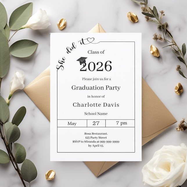 Invitation Graduation party black white She did it (Créateur téléchargé)