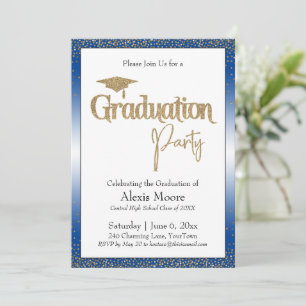 Invitation Graduation Party Blue Ombre Gold Confetti