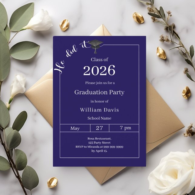 Invitation Graduation party blue white He did it (Créateur téléchargé)