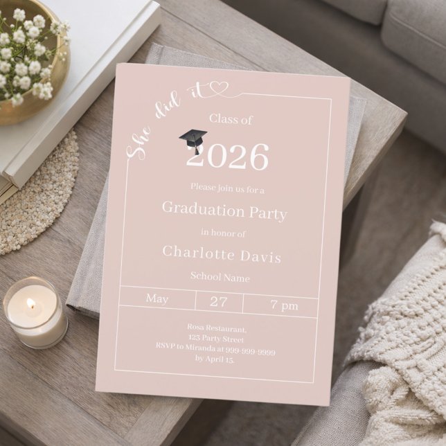 Invitation Graduation party blush pink neutral She did it (Créateur téléchargé)