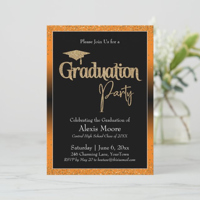 Invitation Graduation Party Bright Orange Ombre Confetti (Debout devant)