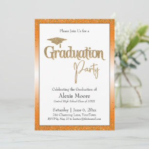 Invitation Graduation Party Bright Orange Ombre Gold Confetti