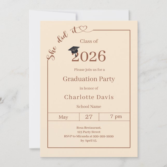 Invitation Graduation party champagne She did it (Devant)