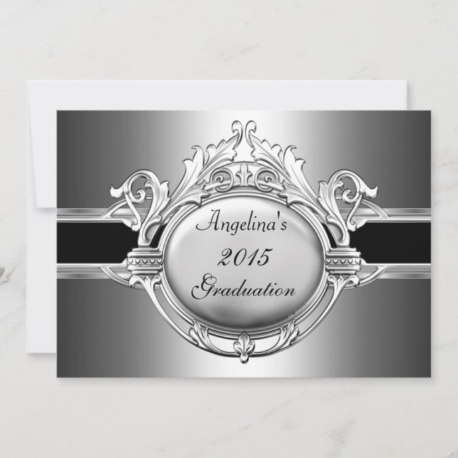 Invitation Graduation Party Elégant Black Silver Metal (Devant)
