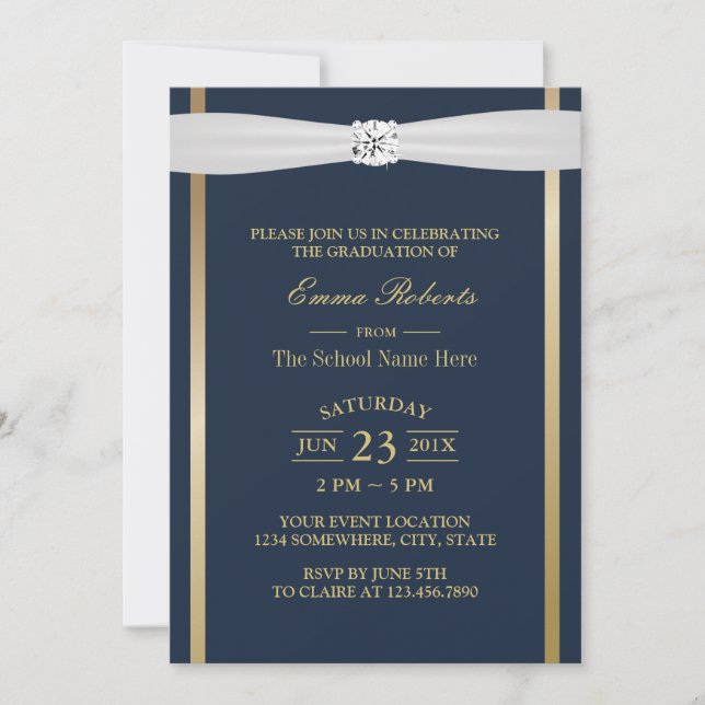 Invitation Graduation Party Elégant Marine Bleu & Gold Stripe (Devant)