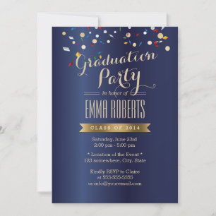 Invitation Graduation Party Elégant Marine Blue Confetti