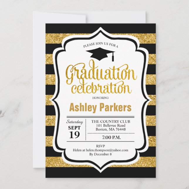 Invitation Graduation Party - Gold Black Stripes (Devant)