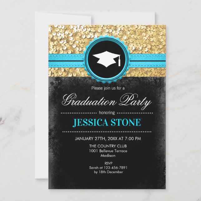 Invitation Graduation Party - Gold Black Turquoise (Devant)
