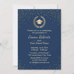 Invitation Graduation Party Gold moderne Confetti Marine Bleu