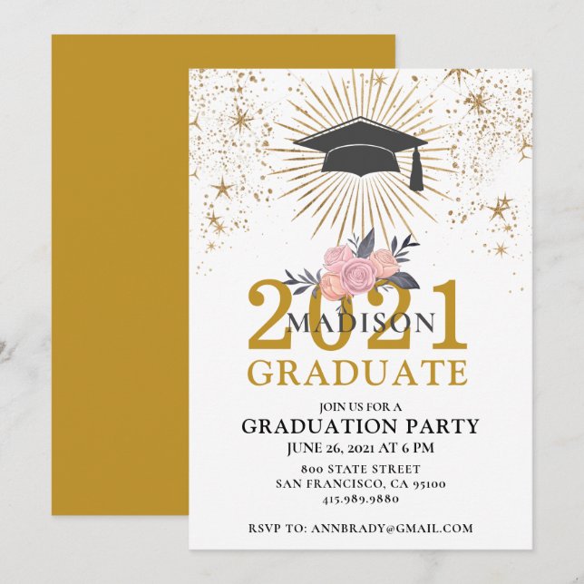 Invitation Graduation Party Gold Rose Classe De 2021 (Devant / Derrière)