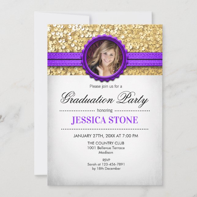 Invitation Graduation Party - Gold White Purple - Photo (Devant)