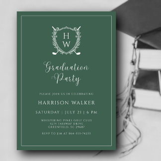 Invitation Graduation Party Golf Crest Elegant Script Sage