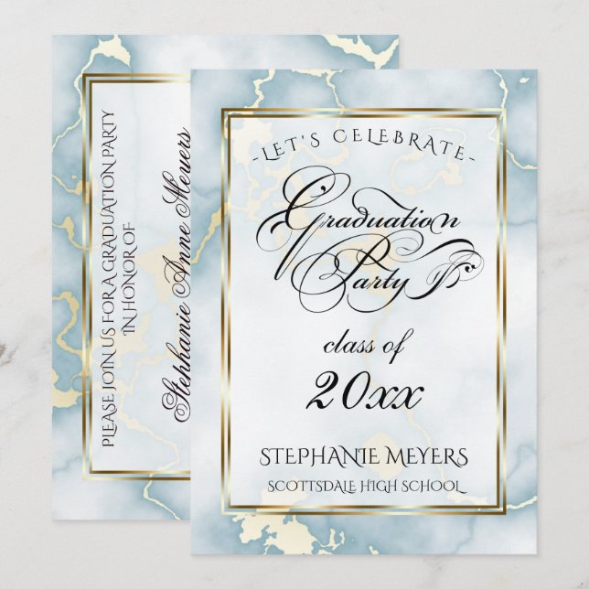 Invitation Graduation Party Lumière Bleu & Marbre Or (Devant / Derrière)