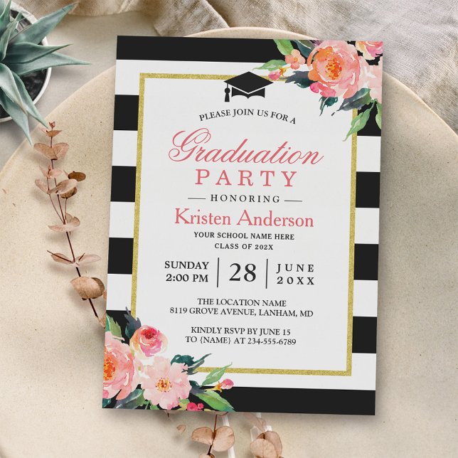 Invitation Graduation Party Moderne Floral Black Stripes (Créateur téléchargé)