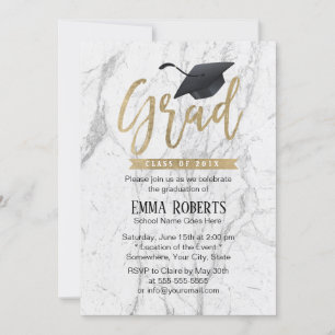 Invitation Graduation Party Moderne Marbre blanc Gold Script