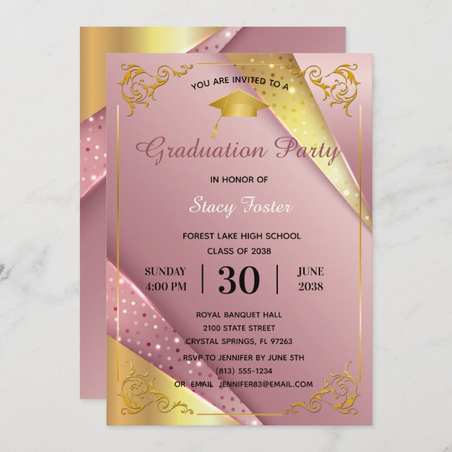 Invitation Graduation Party Parkle rose Satin cadre (Devant / Derrière)