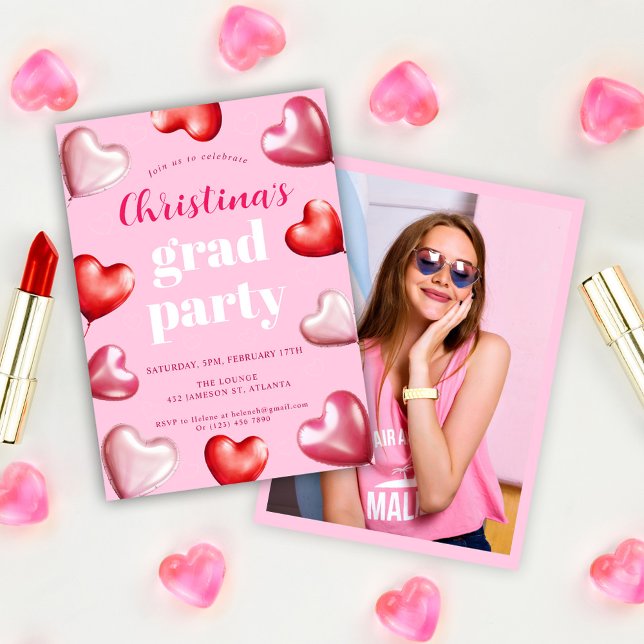 Invitation Graduation Party Pink Hearts mignonne Grad Photo (Graduation Party Pink Cute Grad Photo Invitation)