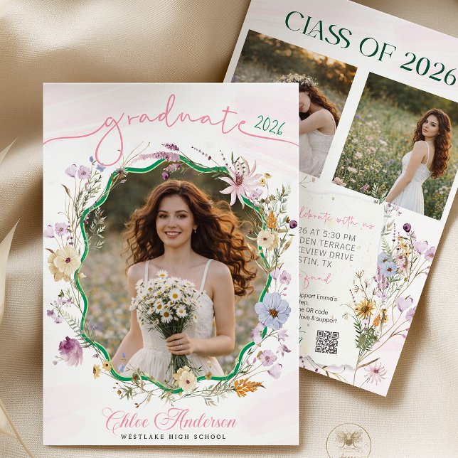 Invitation Graduation party QR Code Wildflower   (graduation invitation, qr code invite, wildflower invitation, boho graduation, floral invite, gradua)