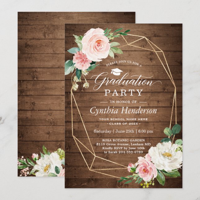 Invitation Graduation Party Rustique Géométrique Blush Floral (Devant / Derrière)