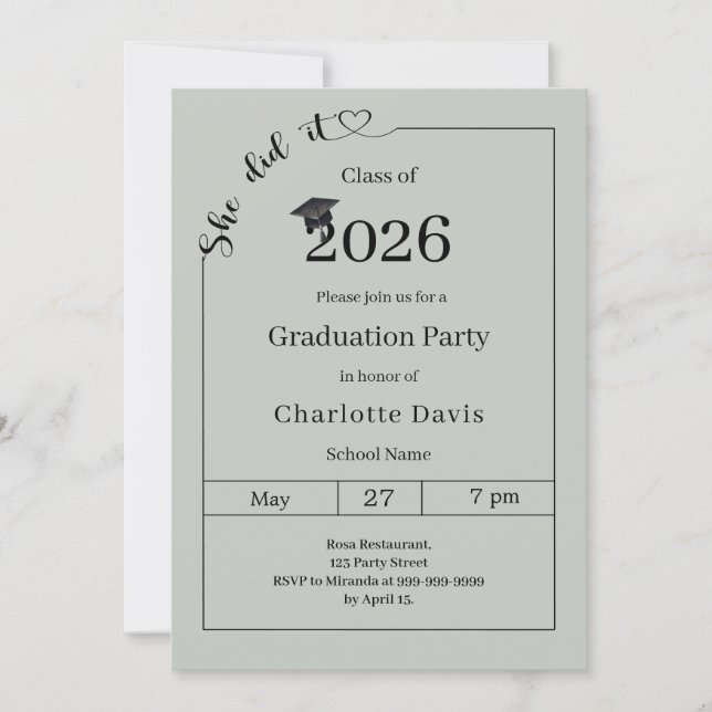 Invitation Graduation party sage green She did it (Devant)
