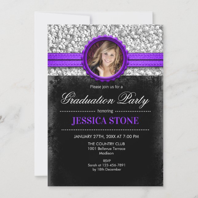 Invitation Graduation Party - Silver Black Purple - Photo (Devant)